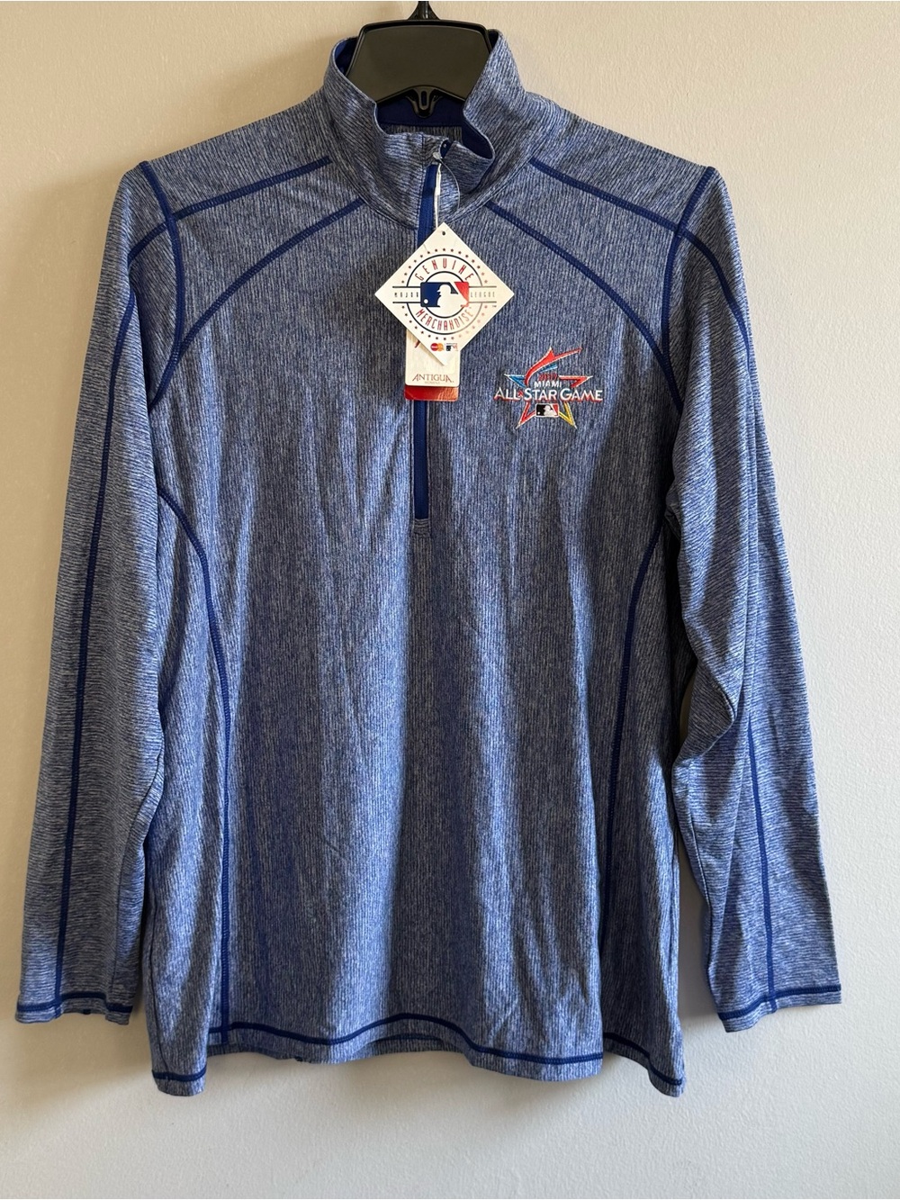 Antigua Blue Heather Quarter-Zip Pullover Miami MLB All-Star Logo Mens Size XL